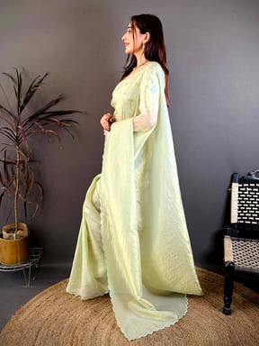 Lemon Yellow Bariq Cutwork Crash Silk Saree