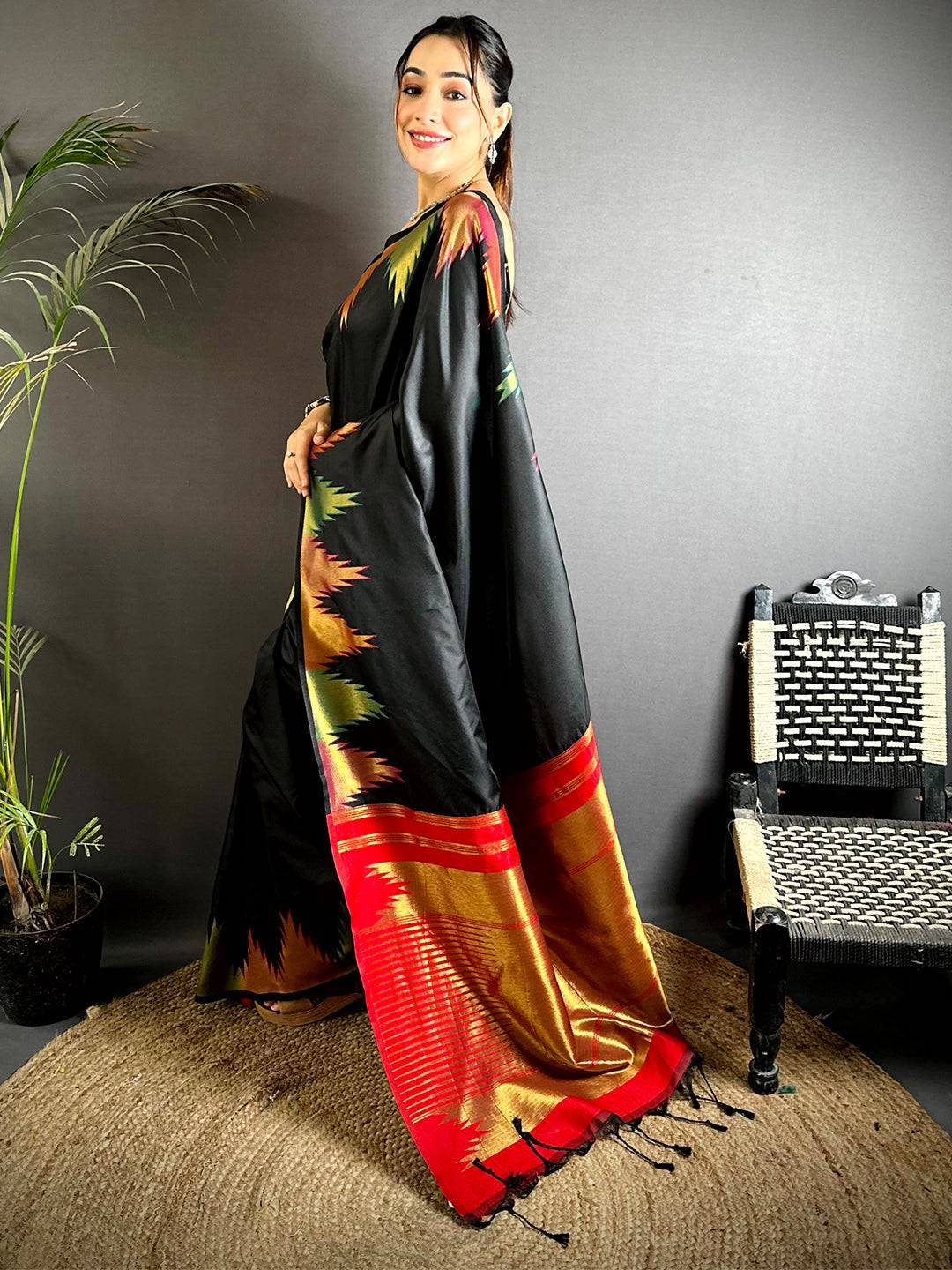 Black Copper Radiance Soft Silk Saree

