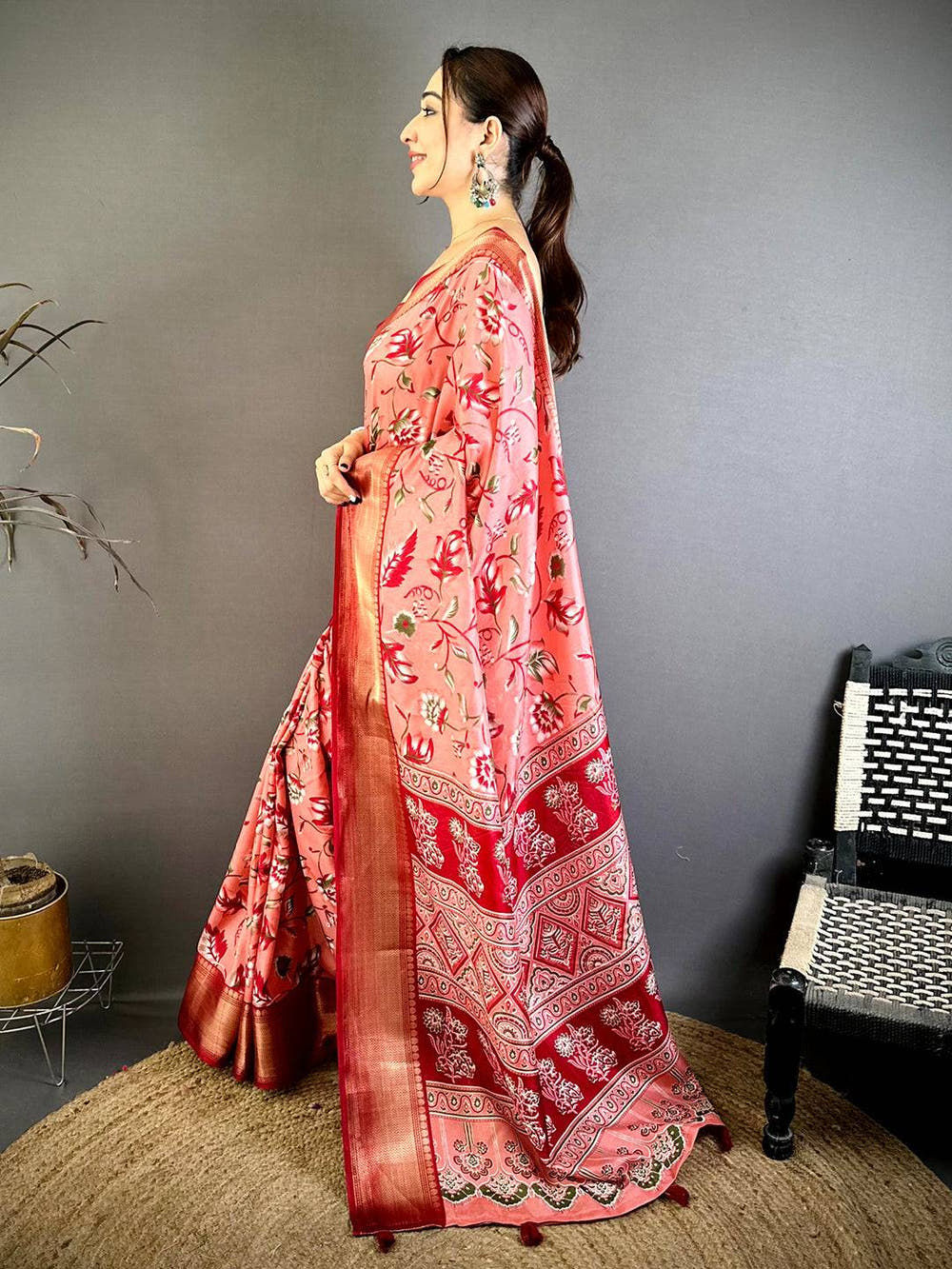 Peach Soft Dola Silk Floral Kanchi Border Saree