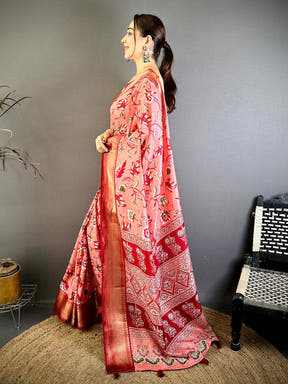 Peach Soft Dola Silk Floral Kanchi Border Saree