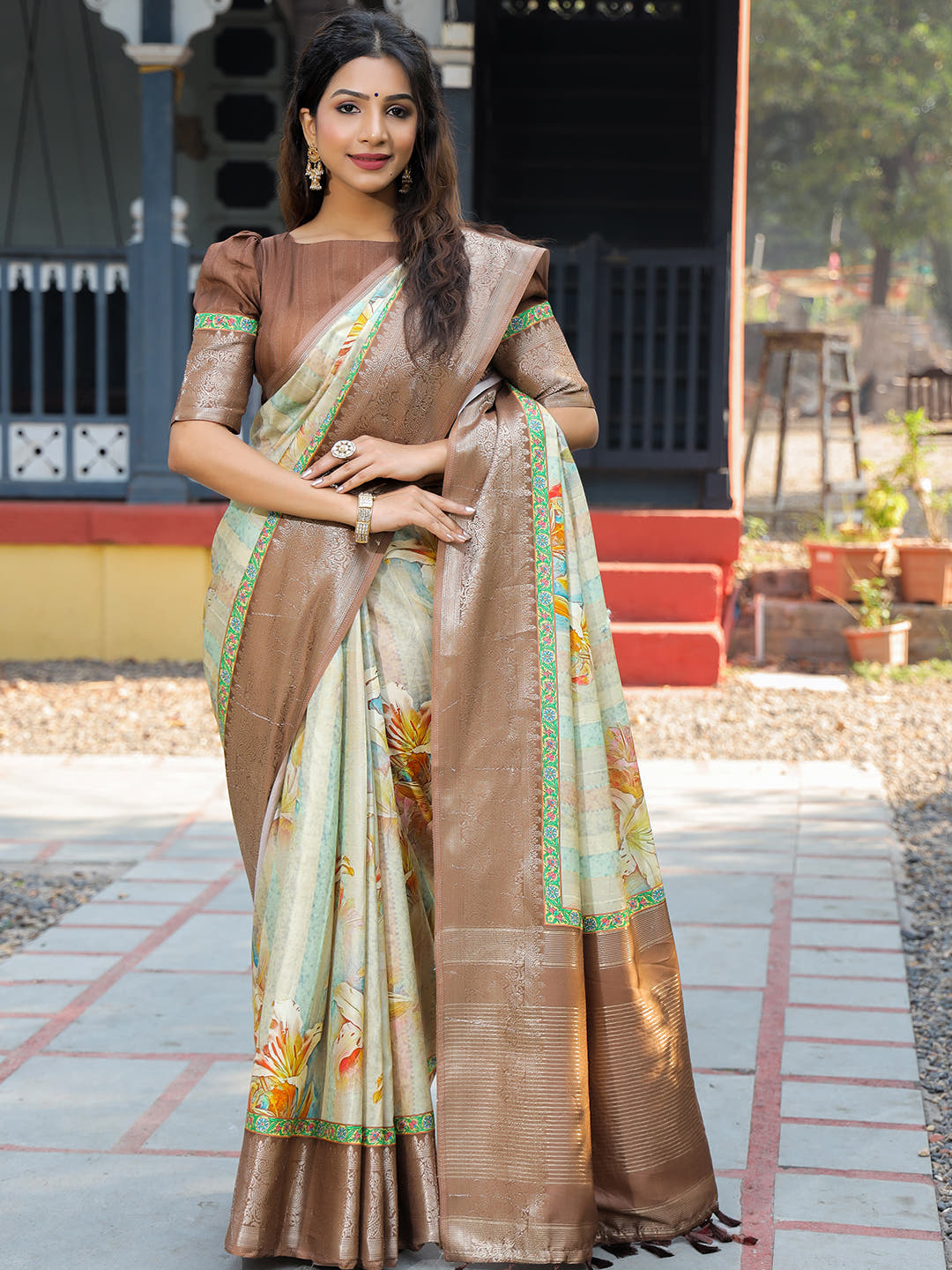 Multi Colour Phulkari Design Zari Weaving Pallu Saree