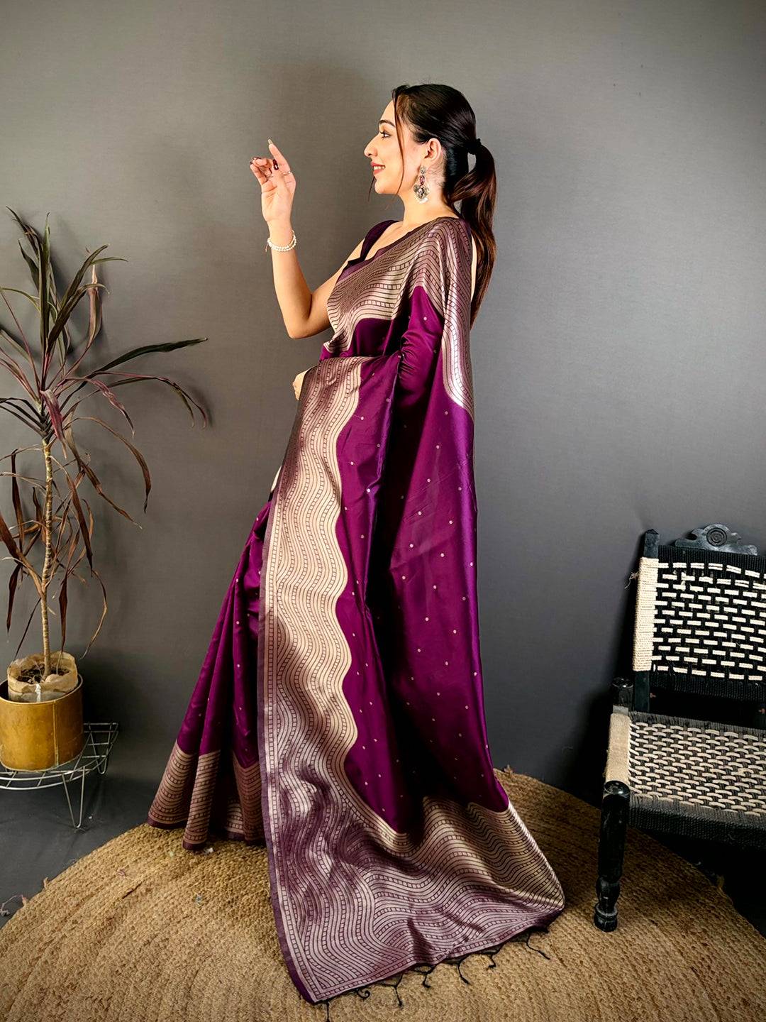 Wine Anmol Zari Banarasi Katan Silk Saree

