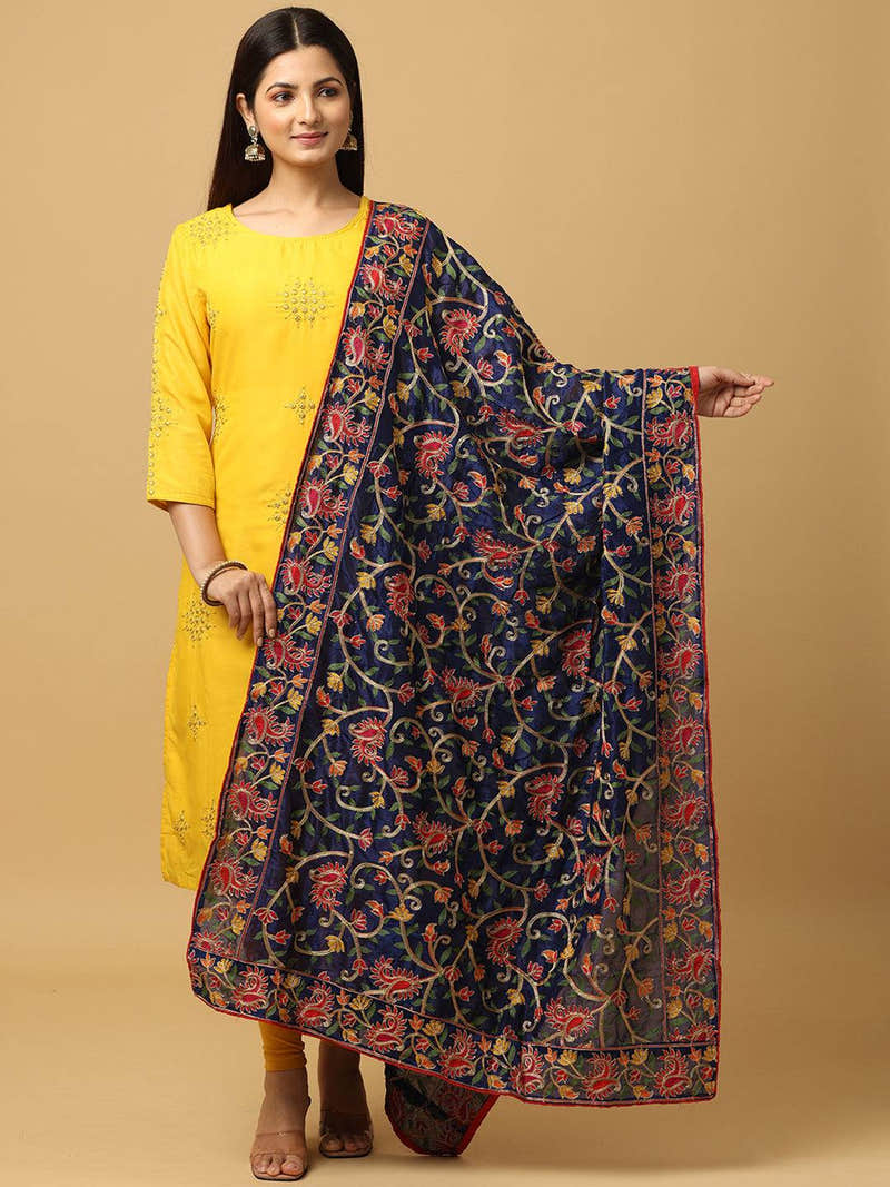 Navy Bright Floral Jaal Pashmina Dupatta