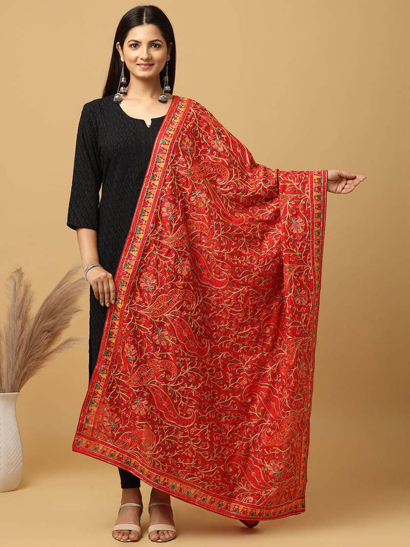 Red Orange Dense Floral Pashmina Dupatta