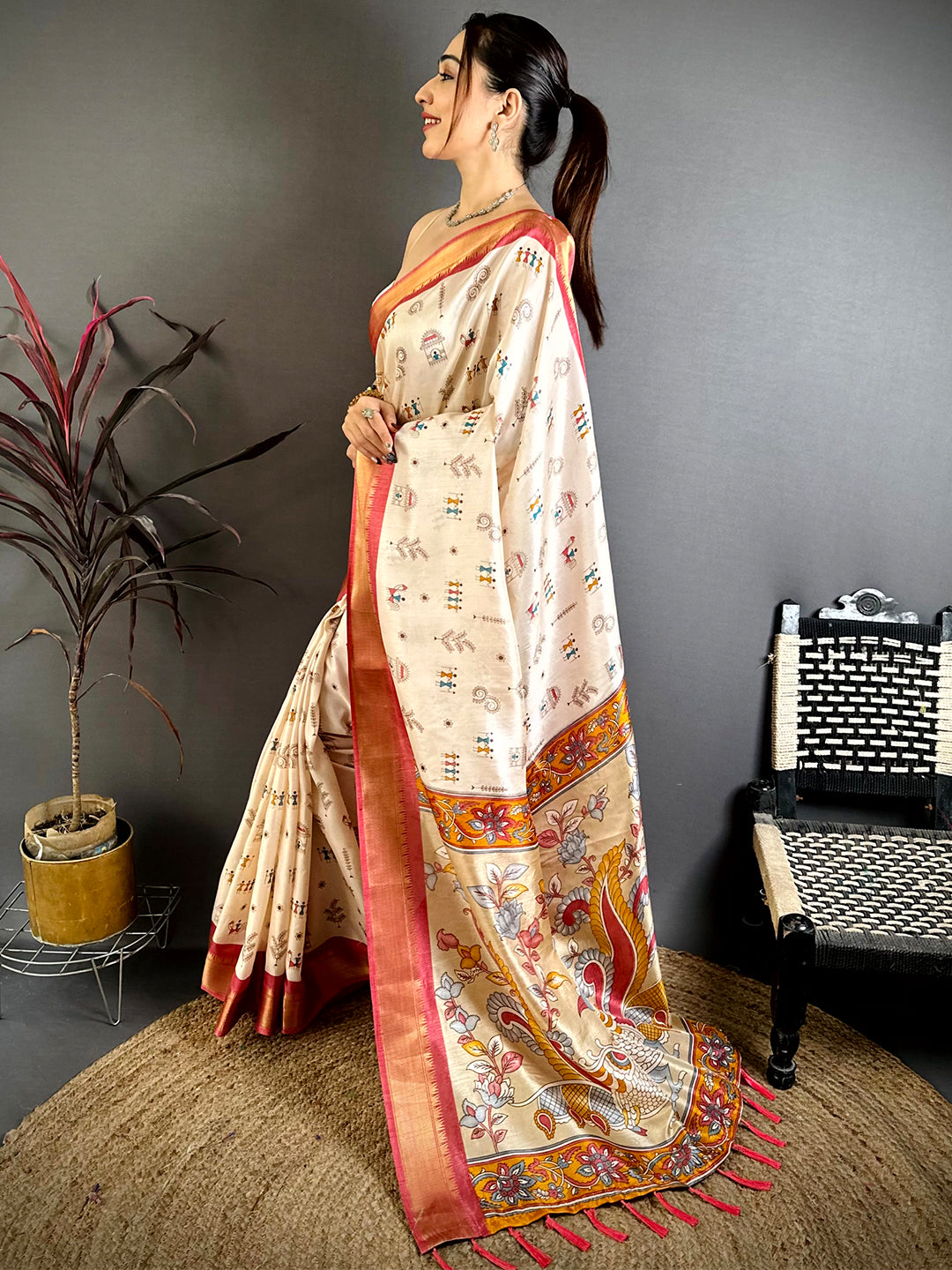 Peach Soft Dola Silk Warli Print Saree