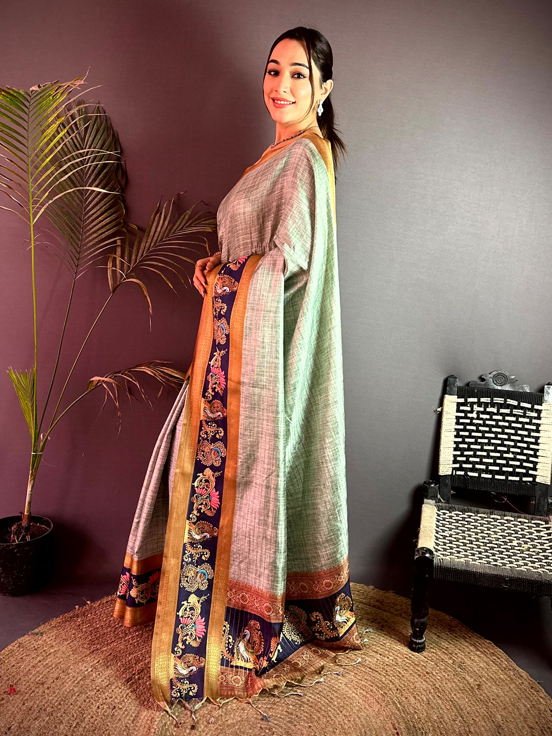 Vibrant Tanjore Art Khadi Semi Silk Saree