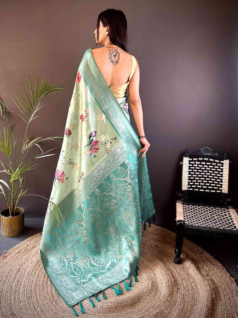 Olive Bamboo Silk Floral Saree