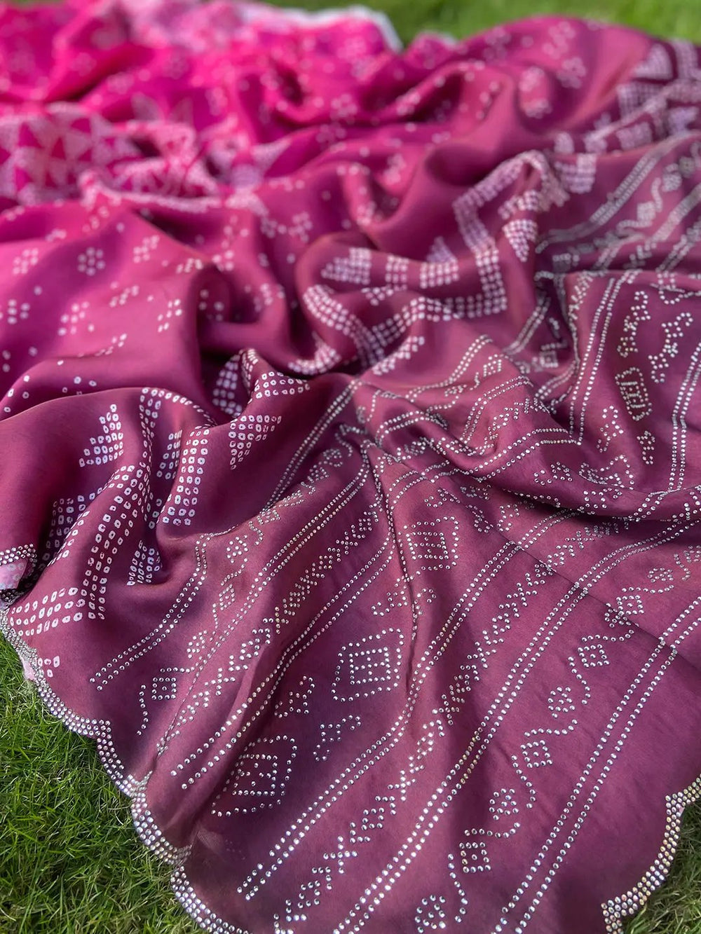Georgette Silk Saree with Ombre Bandhej Print & Stone Work