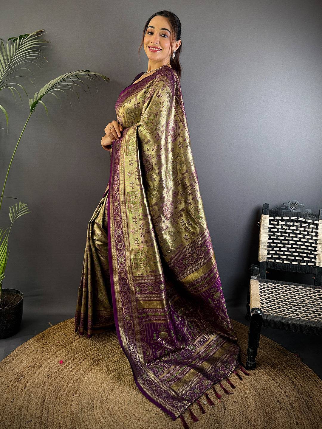 Artistry Warli Gold Zari Dharamavaram Silk Saree