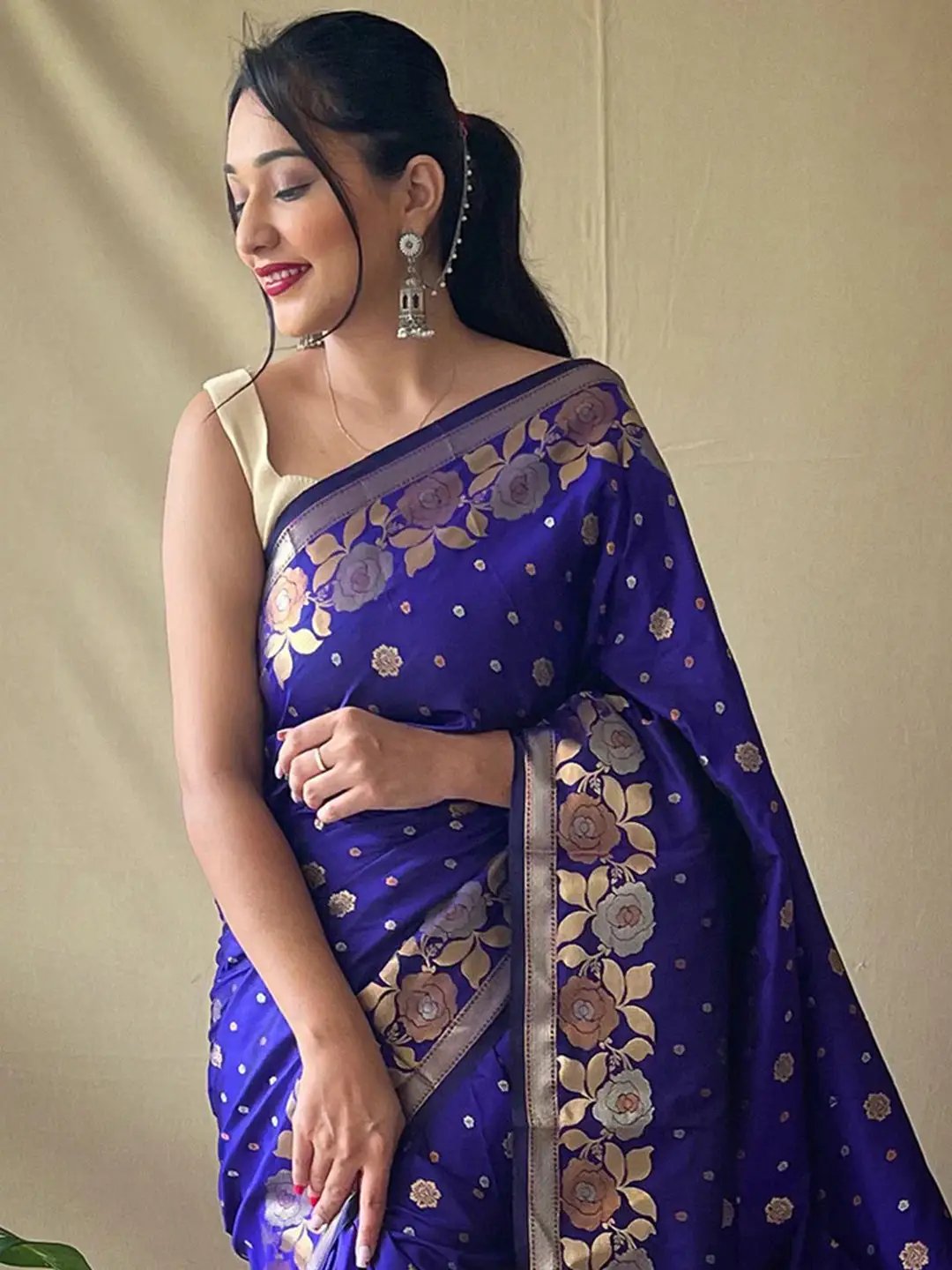 Royal blue Banarasi silk saree with zari woven floral design