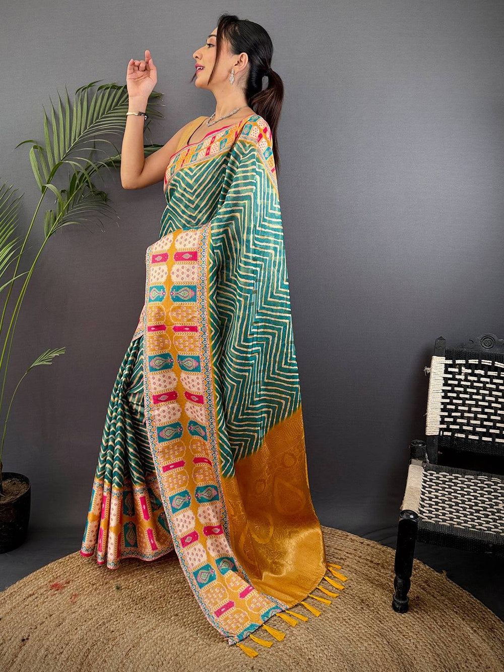 Teal Green Madhubani Print Soft Silk Saree