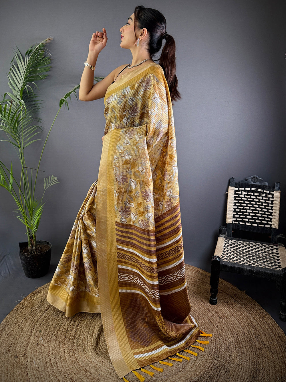 Mustard Tussar Chex Floral Print Saree