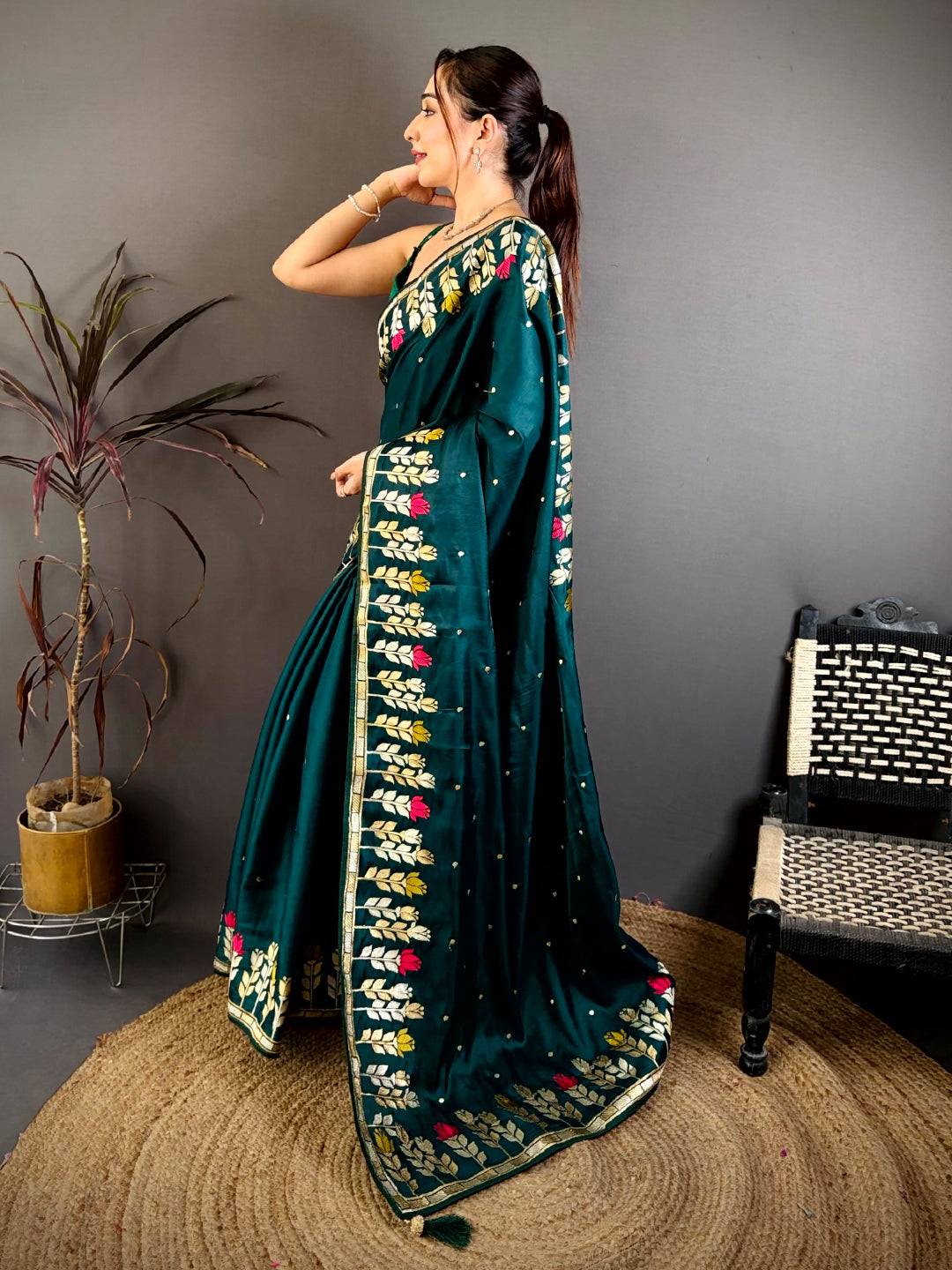 Green Soft Satin Minakari Aari Work Saree