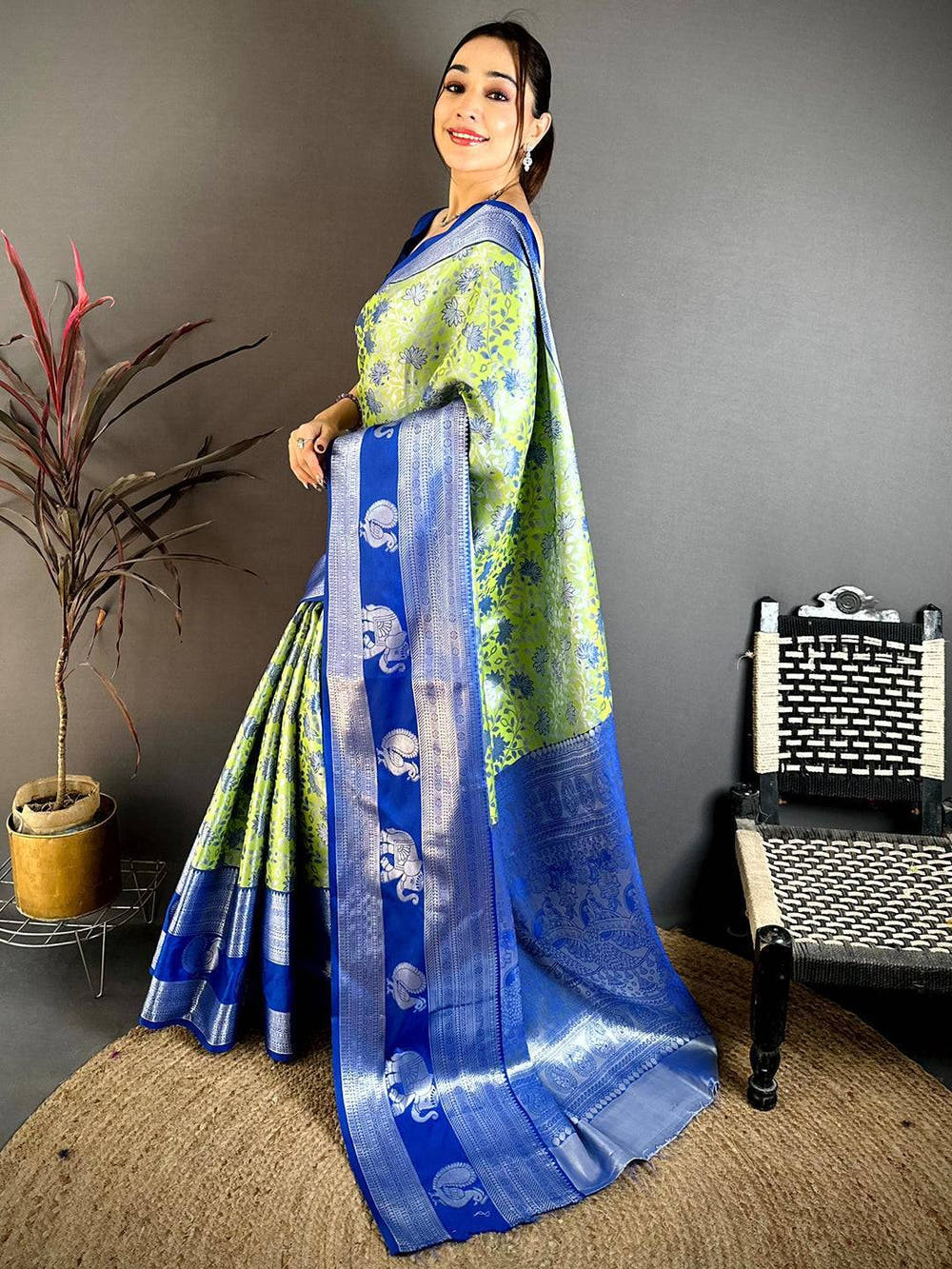 Lime Green Dharmavaram Double Ikkat Saree