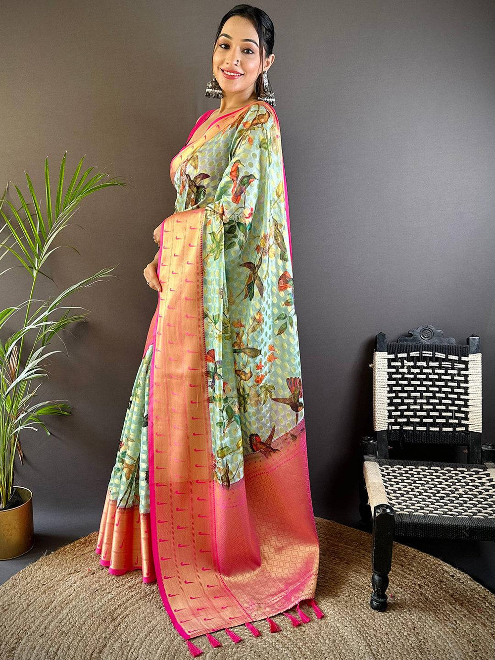 Mint Green Paithani Kora Silk Saree