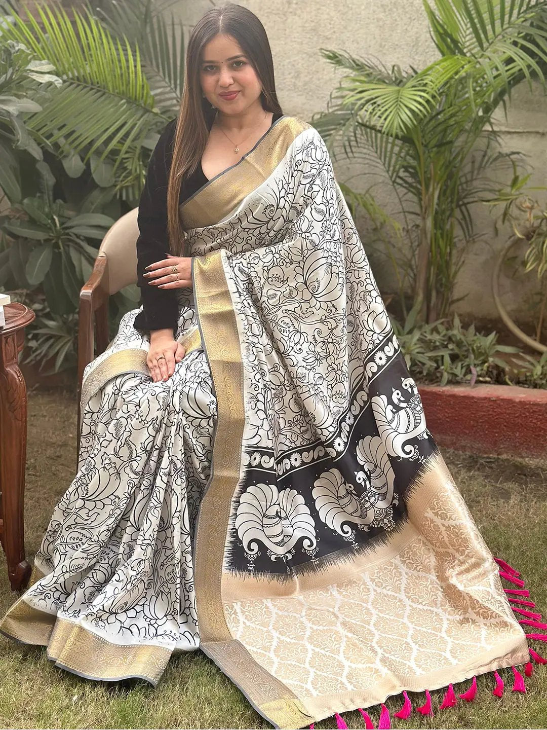 Stunning Silk Blend Kalamkari Block Print Saree