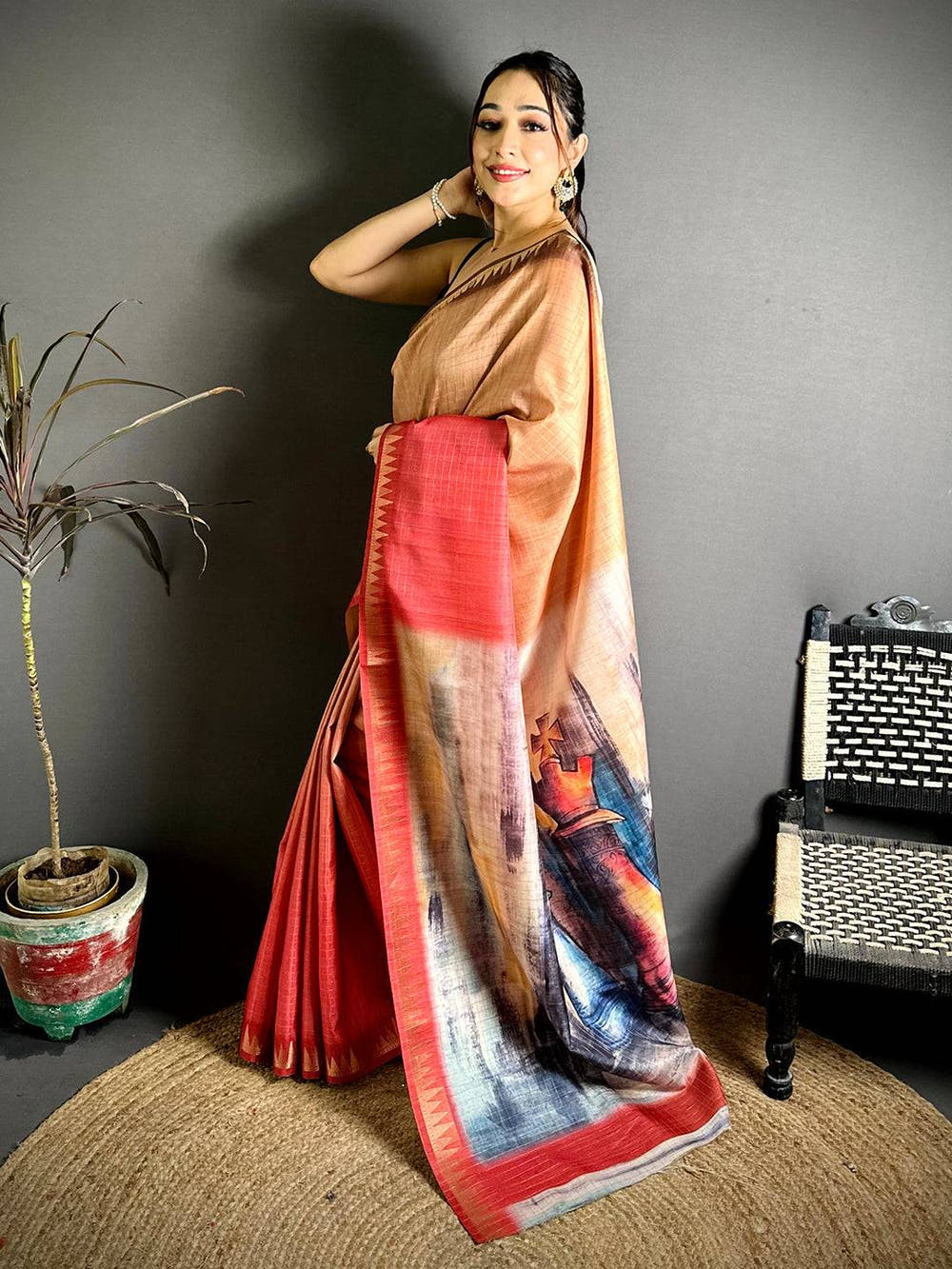 Designer Half Half Tussar Saree with Zari Checks