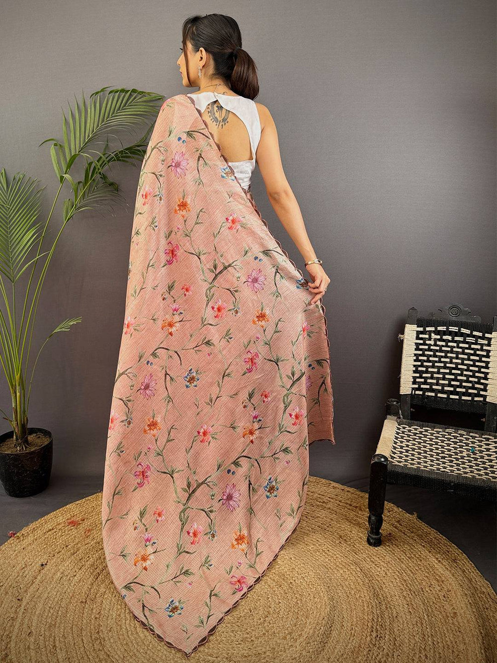 Peach Soft Kota Floral Print Saree