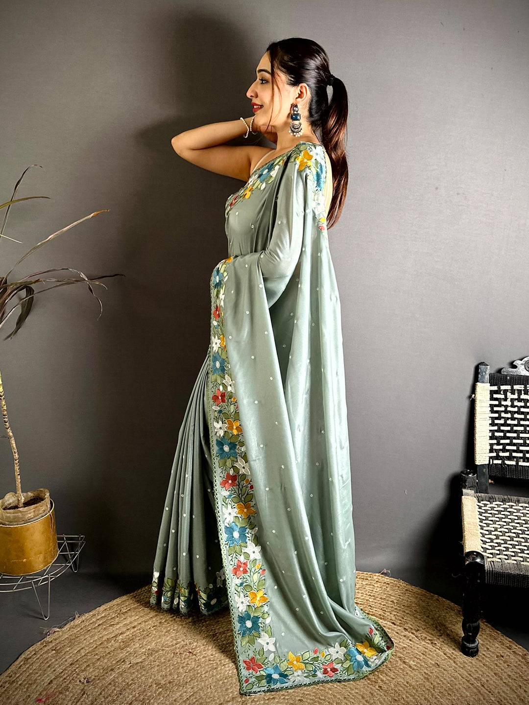 Tradition Floral Embroidered Border Saree