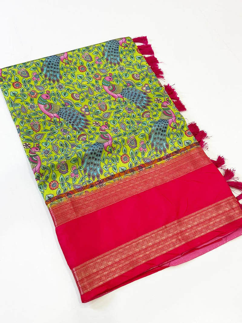 Lime Green Banarasi Silk Peacock Floral Saree