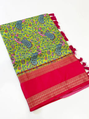 Lime Green Banarasi Silk Peacock Floral Saree