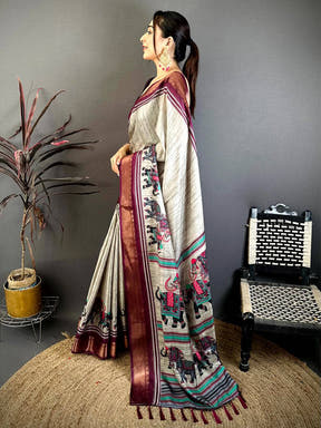 Artistic Block Print Dola Silk Saree