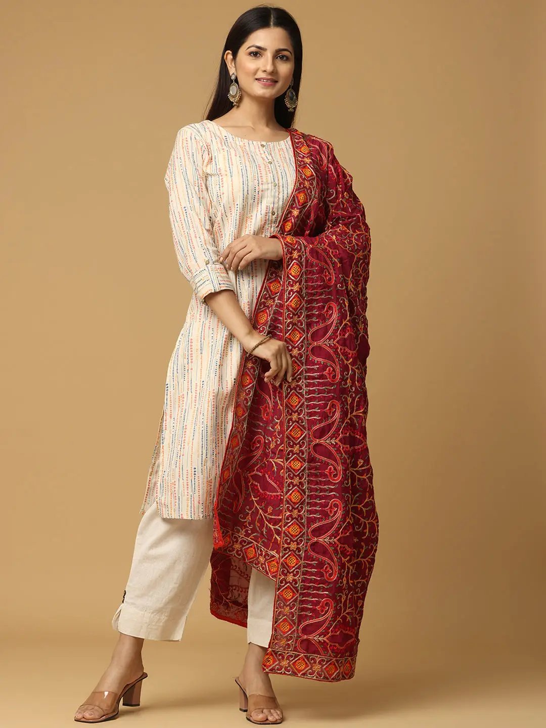 Front view of Wine Poly Chiffon Pashmina Dupatta