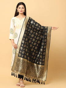 Black silk blend dupatta with resham tassels, floral design.
