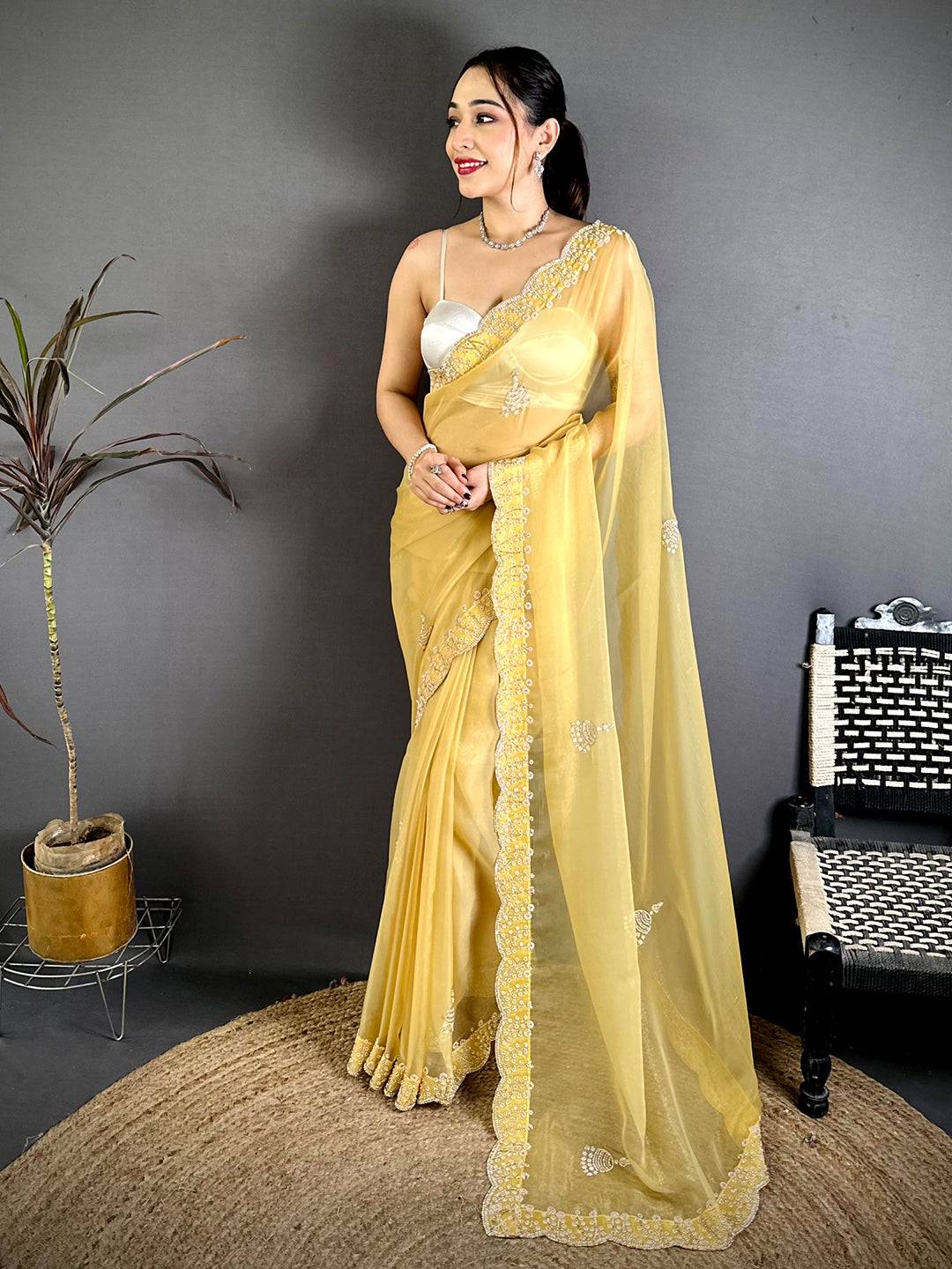 Yellow Pearl Zarkhond Chiffon Tissue Saree