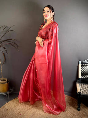 Glass Silk Embroidered Cutwork Saree