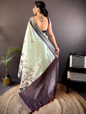 Mint Green Digital Kalamkari Printed Tussar Silk Saree