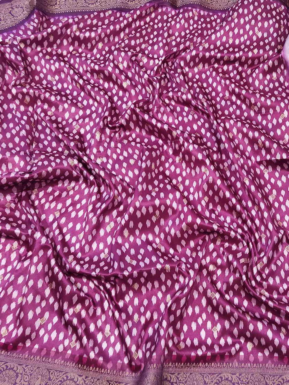 Close-up of Banarasi soft silk saree with Patola pallu pattern