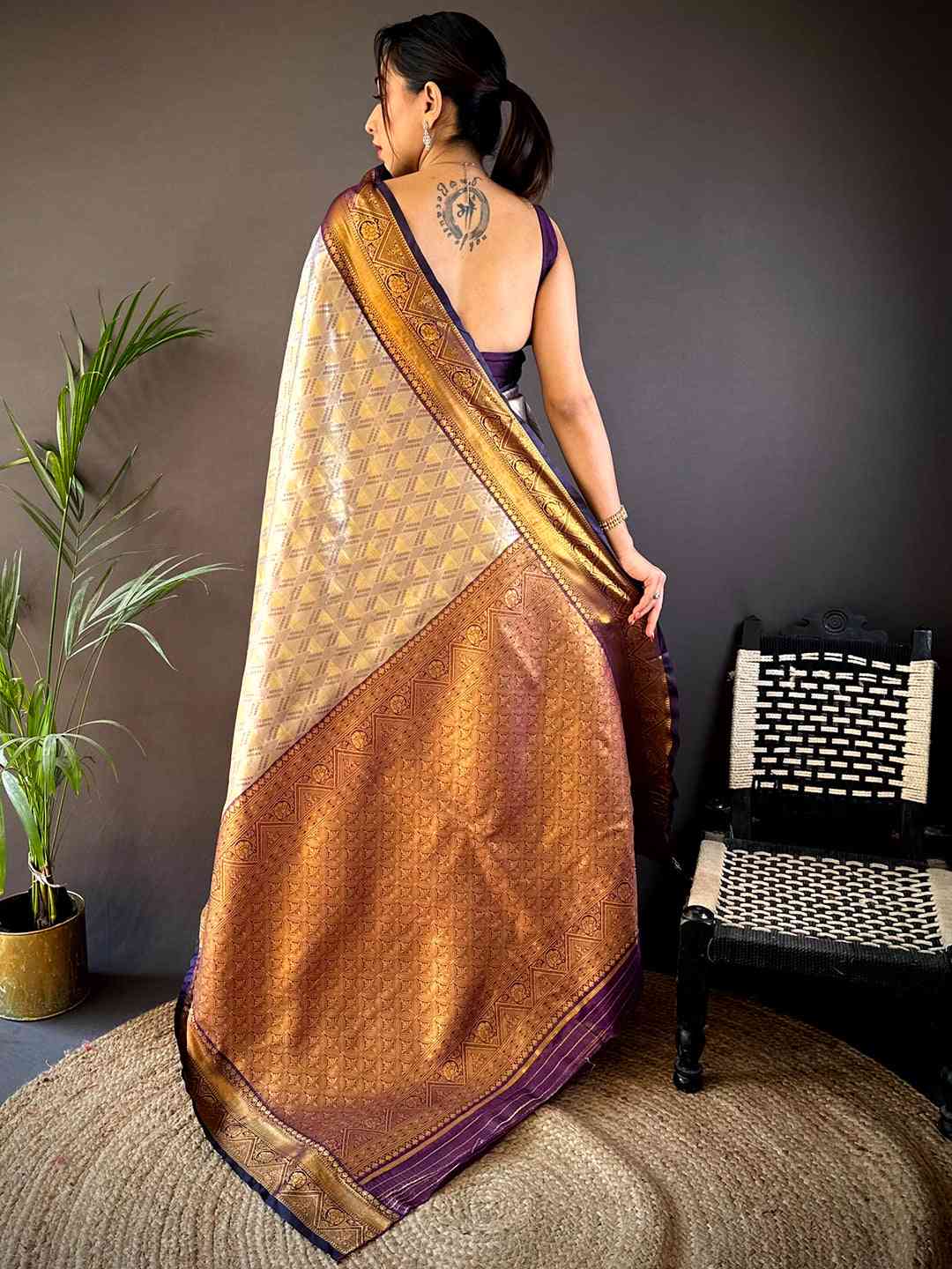 Wine Golden Geometrics With Floral Elegance Saree