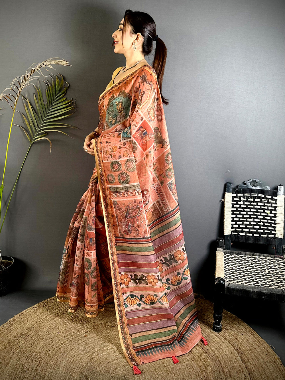 Classic Minakari Kalamkari Linen Saree