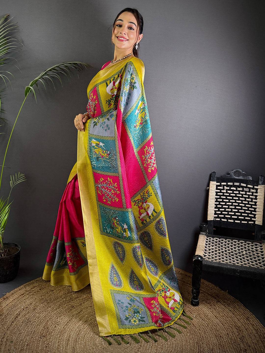 Magenta Tussar Kalalmkari Print Saree

