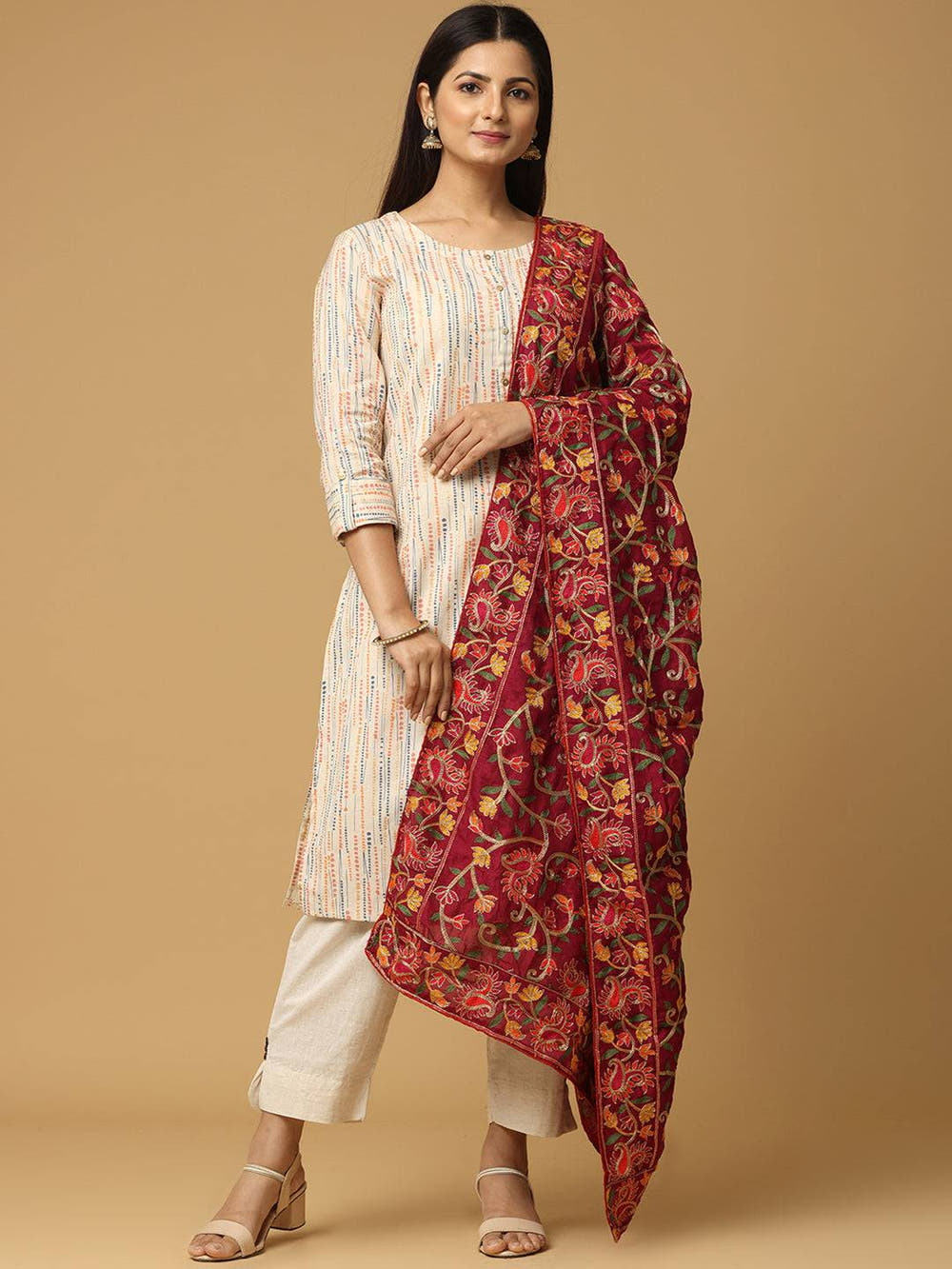 Elegant wine poly chiffon dupatta with intricate embroidery