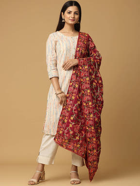Elegant wine poly chiffon dupatta with intricate embroidery