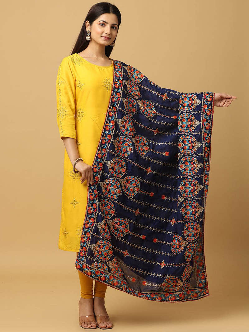 Navy Banded Stripe Pashmina Dupatta