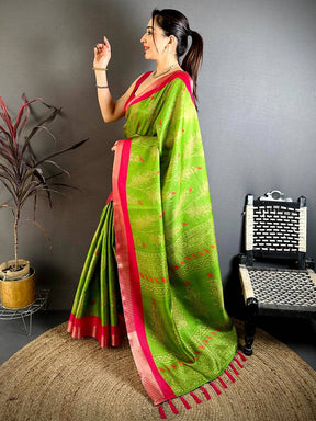 Perot Green Tussar Zari Chex Bird Motif Saree