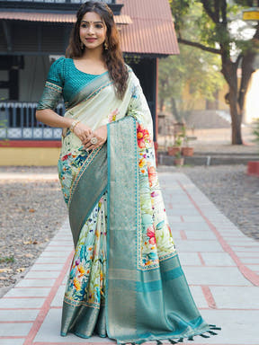 Light Green Colour Phulkari Design Zari Weaving Pallu Saree