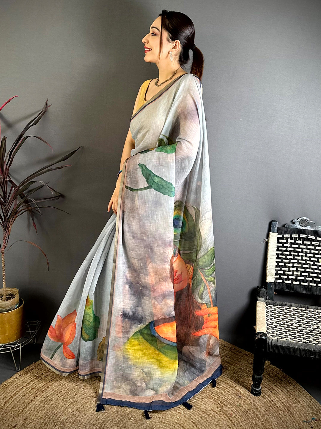 Grey Pen Kalamkari Linen Saree