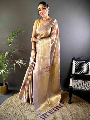 Stylish Lavender Self Gold Zari Floral Print Saree