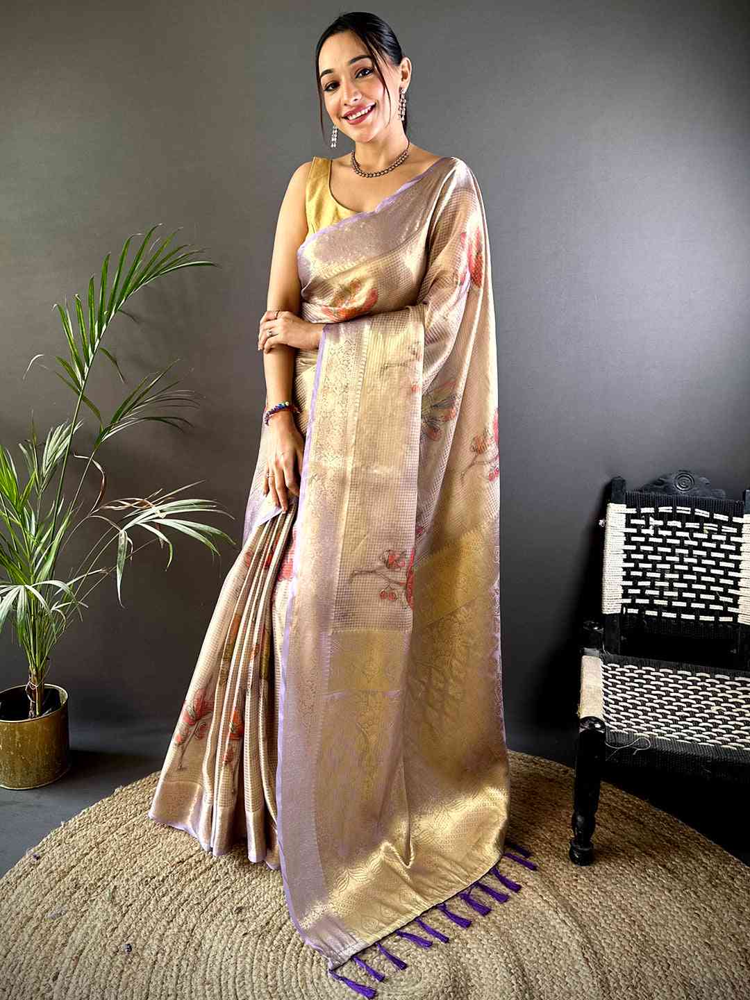 Stylish Lavender Self Gold Zari Floral Print Saree