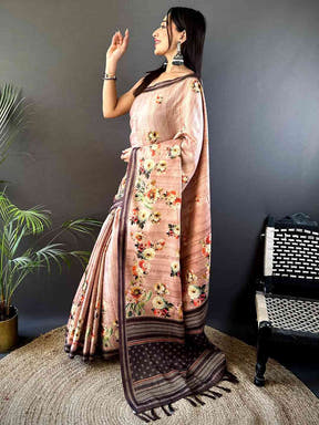 Floral Beauty in Blush Pink Tussar Zari Saree