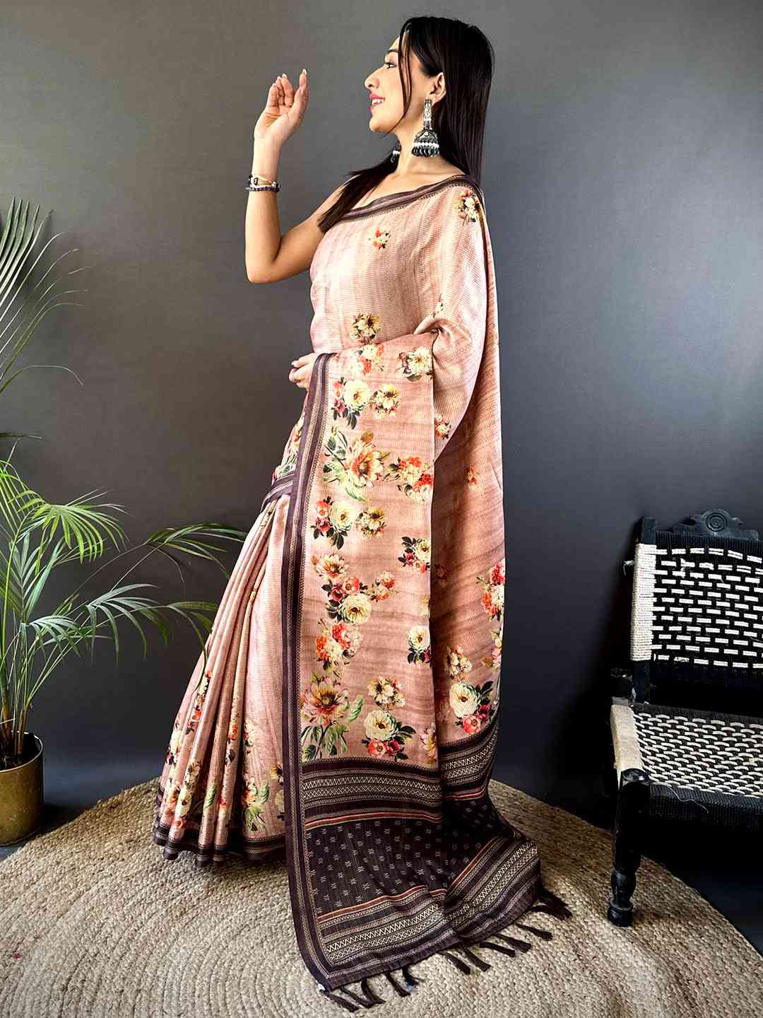 Floral Beauty in Blush Pink Tussar Zari Saree
