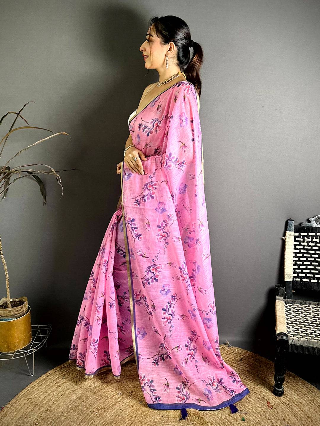 Radiant Pink Linen Chanderi Floral Print Saree