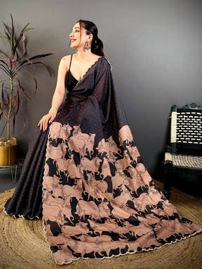 Artistic Cow Motif Kalamkari Tussar Saree

