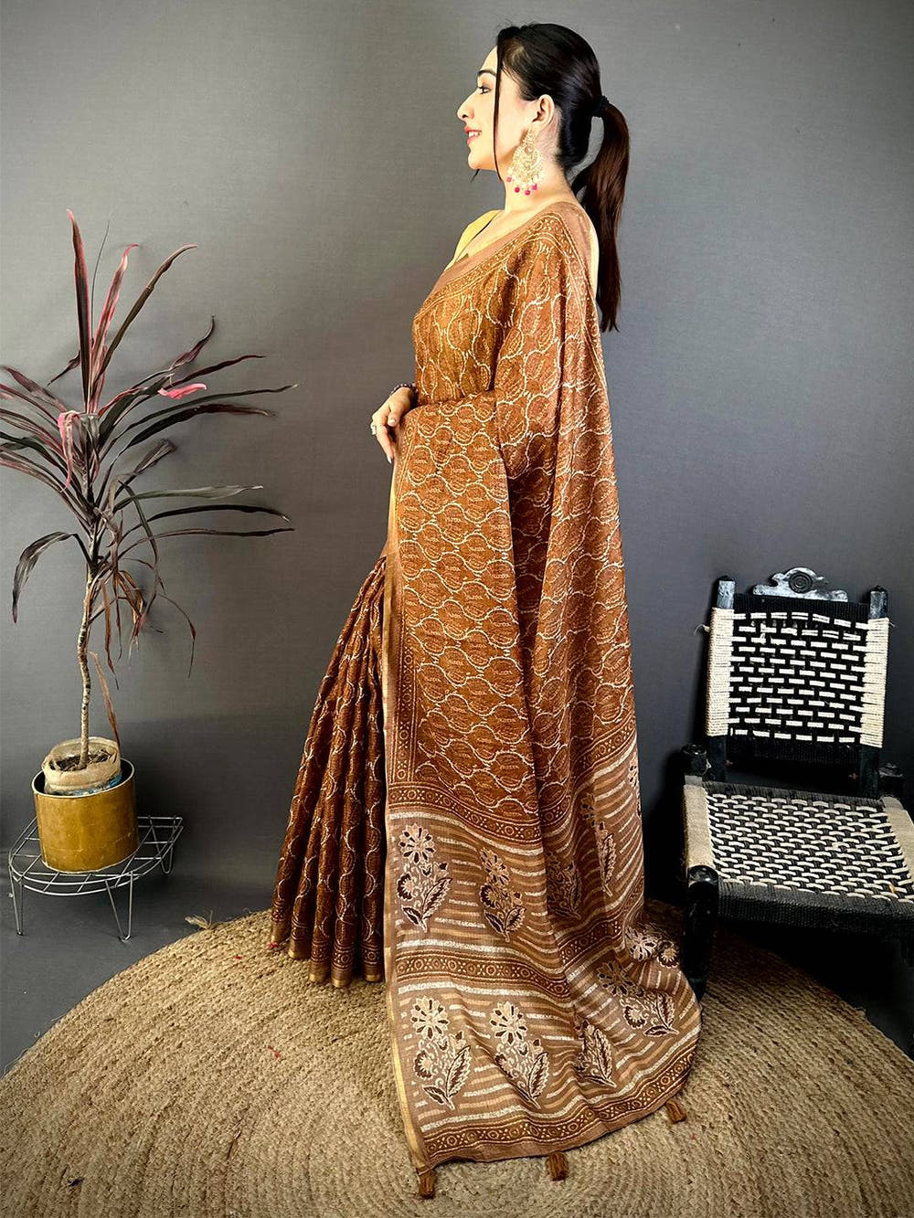 Coffee Brown Ajrakh Digital Print Kota Saree