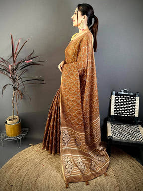 Coffee Brown Ajrakh Digital Print Kota Saree
