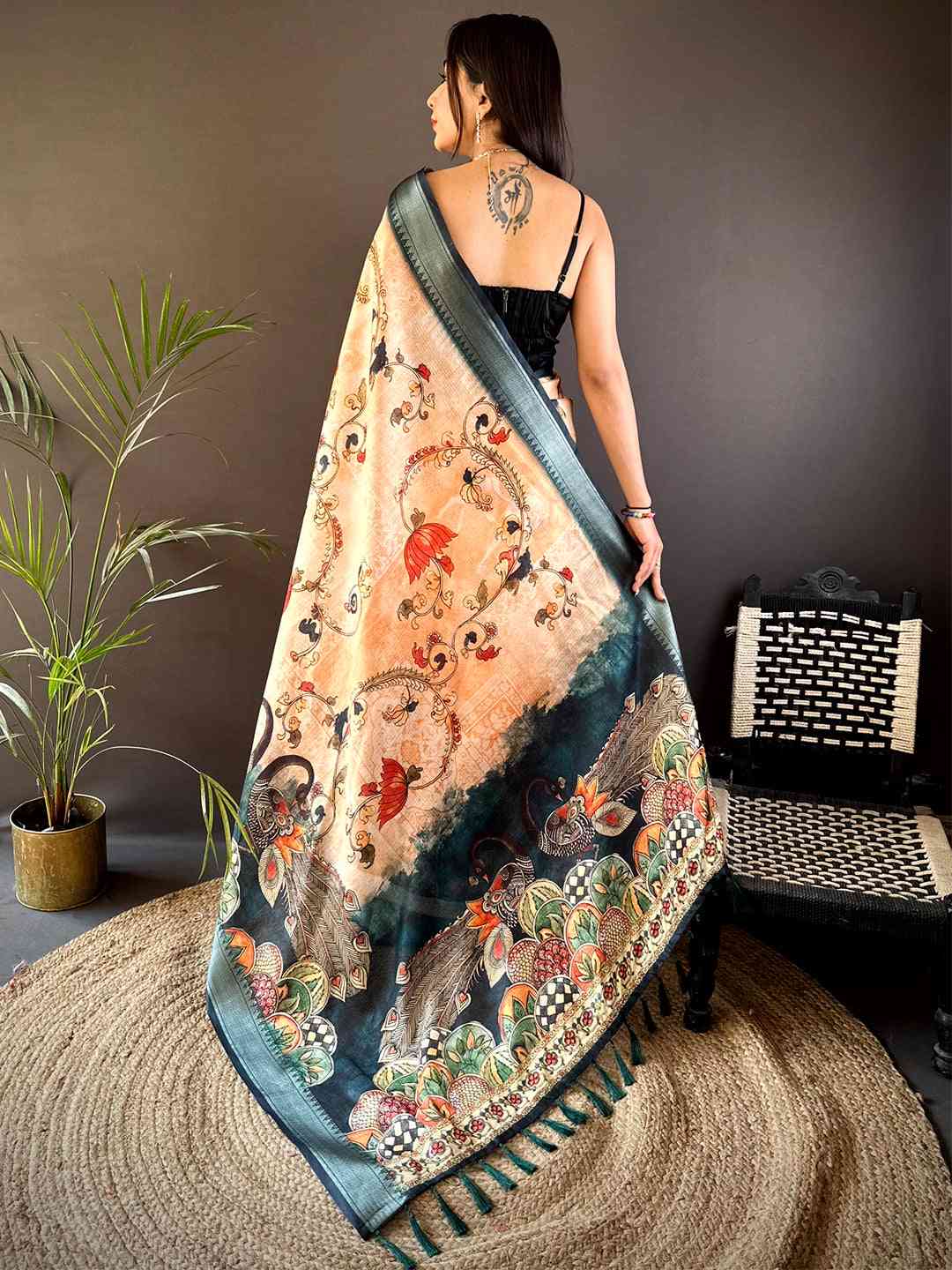 Peach Kota Doriya Zari Weave Digital Print Saree